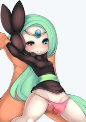 2015 anthro blush clothing duo erection eyelashes female green_eyes green_hair grinding hair human humanoid interspecies joltik_(artist) legendary_pokemon looking_down male mammal meloetta nintendo nude outercourse panties pantyjob penis penis_in_panties plain_background pokemon pokephilia pussy pussy_juice shadow spread_legs spreading standing straight thigh_sex underwear vein video_games white_background