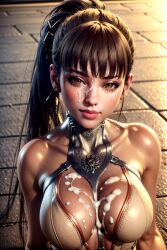 ai_generated bodysuit cum cum_on_breasts cum_on_face eve_(stellar_blade) fringe long_hair ponytail skinsuit smartneto stellar_blade