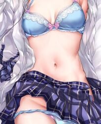 absurdres blue_bow blue_bra blue_skirt bow bow_bra bow_panties bowtie bra breasts cable commentary female head_out_of_frame highres navel open_clothes open_shirt original otomore_(shashaki) panties panty_pull school_uniform shashaki shirt skirt solo stomach stomach_day underwear unworn_bowtie white_shirt