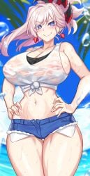 absurdres alternate_costume asymmetrical_hair beach blue_eyes breasts cleavage covered_nipples cowboy_shot earrings fate/grand_order fate_(series) female hair_ornament highres jewelry large_breasts long_hair looking_at_viewer midriff miyamoto_musashi_(fate) navel nez-box nipples pink_hair ponytail see-through shirt short_shorts shorts sideboob sideless_shirt smile solo standing stomach tank_top tied_shirt wet wet_clothes white_tank_top