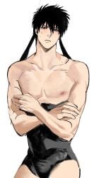 alternate_costume black_hair blush bulge bunny_boy bunny_ears bunnysuit crossed_arms embarrassed gintama hijikata_toshiro looking_at_viewer male male_only male_playboy_bunny pecs sapomu4 solo sweatdrop toned toned_male