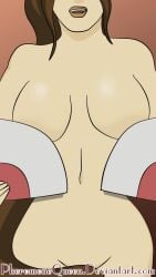 1girl artist_name breasts brown_hair convenient_censoring eyes_out_of_frame female hair_censor hand_fan king_of_fighters large_breasts long_hair mai_shiranui navel nude open_mouth pheromonequeen ponytail solo