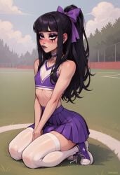 ai_generated black_hair bored bulge_through_clothing cheerleader cheerleader_uniform choker femboy goth makeup male male_only noredeemingvalue purple_ribbon purple_skirt purple_topwear sneakers thighhighs white_thighhighs