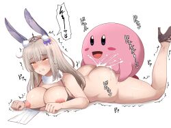 animal_ear_fluff animal_ears ass black_footwear blue_bow blush bow braid breasts clenched_teeth commentary_request crossover cum ejaculation female full_body grey_hair hairbow high_heels highres interspecies kaavi kirby kirby_(series) large_breasts long_hair lying mahjong_soul nipples on_stomach open_mouth prone_bone pun rabbit_ears rabbit_girl sex side_braid simple_background single_braid tataeroero teeth translation_request white_background yellow_eyes