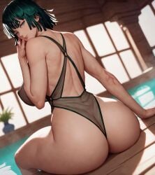 1girls ai_generated alex-schura alex_schura ass ass_focus back back_view bare_arms bare_legs bare_shoulders bare_thighs big_ass big_breasts big_butt clothed clothing color female female_focus female_only fubuki_(one-punch_man) green_eyes green_hair hi_res large_breasts light-skinned_female light_skin looking_at_viewer one-piece_swimsuit one-punch_man pool short_hair solo solo_female tagme thick_thighs water