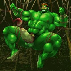 balls bara beard big_penis body_hair boner cum dicksucking_creature erection facial_hair green_body green_skin hitenmaru male male_only muscles muscular nude orc orgasm penis plant_tentacle solo solo_male spread_legs sweat sweating vines