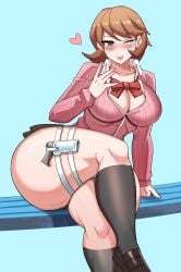 1girls ass atlus breasts brown_eyes brown_hair clothing evoker female footwear huge_breasts human large_ass legwear light-skinned_female light_skin naughty_face pale_skin persona persona_3 school_uniform schoolgirl short_hair thick_thighs ytrall yukari_takeba