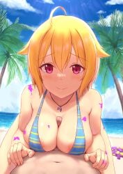 1boy 1girls ahoge areola_slip beach blonde_hair breasts cai_geng female hair_between_eyes highres ibuki_tsubasa idolmaster idolmaster_million_live! jewelry large_breasts light-skinned_female light-skinned_male light_skin looking_at_viewer male_pov necklace paint paint_on_body paizuri penis pov red_eyes short_hair smile straddling swimsuit