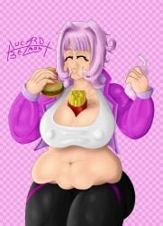 1girls alucard_belmont bbw belly belly_button big_belly big_breasts big_nipples black_pants chubby chubby_female closed_eyes crop_top eating eating_food elysia_(honkai_impact) elysia_(miss_pink_elf)_(honkai_impact) exposed_belly fast_food fat fat_belly fat_female fat_fetish fat_woman female female female_only honkai_(series) honkai_impact honkai_impact_3 honkai_impact_3rd jacket jacket_open pink_hair plump plump_breasts simple_background solo_female