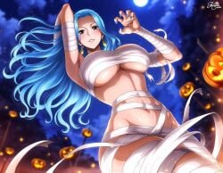 1girls ai_assisted ai_generated almost_naked big_breasts blue_hair breasts busty curvy female female_only halloween halloween_costume jemmasoria long_hair moon mummy mummy_costume mummy_wrappings nefertari_vivi night night_sky one_piece pumpkin pumpkin_head sharp_fingernails sharp_nails solo wide_hips