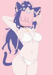 1girls 2d 2d_(artwork) animal_ears animal_tail arms_behind_head belly_button bikini blue_hair cat_tail catgirl ear_piercing face_covered female female_focus female_only feru front_view high_resolution highres hourglass_figure light-skinned_female light_skin long_hair mole mole_on_breast panther_girl paper paper_mask paper_on_head pink_hair ponytail shura_hiwa simple_background solo solo_female standing swimsuit two_piece_swimsuit two_tone_hair uwu virtual_youtuber vjin vtuber vtuberfanart white_background white_bikini young younger_female