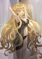 ass belly belly_button blonde_hair breasts cleavage date_a_live female hoshimiya_mukuro light-skinned_female lingerie long_hair solo solo_female thighs underwear yellow_eyes