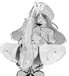 after_masturbation after_orgasm ahe_gao blush cum_covered_penis cum_on_face cum_on_penis cum_on_thighs cumming_together futa_only futanari guilty_gear holding_penis hoodie khentaiu long_hair masturbation may_(guilty_gear) monochrome mostly_clothed post_orgasm presenting