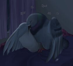 2015 ambiguous_gender avian beak bed bedroom bird blush closed_eyes detailed_background english_text feathered_wings feral grabbing_sheets grey_feathers grinding hatoful_boyfriend inside kawara_ryouta masturbation night nude on_bed pigeon pillow rock_dove solo spread_wings tail_feathers text window wings zoeyhoshi