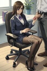 1boy 1girls ai_generated black_pantyhose business_suit collarbone collared_shirt cum_on_legs female handjob initial_d kyoko_iwase looking_at_another medium_breasts office_chair office_lady skirt