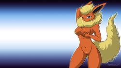 2015 abstract_background anthro ass black_nose blue_eyes blush breasts clitoris eeveelution eyelashes female flareon fur hair looking_at_viewer mammal nintendo nipples nude pokemon pubes pussy shadow smile solo video_games wallpaper yiffmasters