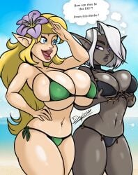 beach big_lips bikini bimbo_lips blonde_female blonde_hair blue_eyes cleavage crossover dark_elf dark_skin dialogue dick_sucking_lips dungeons dungeons_3 elves english_text fanart female female_only flower_in_hair fully_clothed huge_breasts jealous_look jealousy le_donjon_de_naheulbeuk m'ric naheulbeuk open_mouth pointy_ears purple_eyes revealing_clothes shiny_skin skimpy_clothes skindentation text thalya the_dungeon_of-naheulbeuk the_elf_(naheulbeuk) thick_lips thought_bubble tight_clothing white_hair