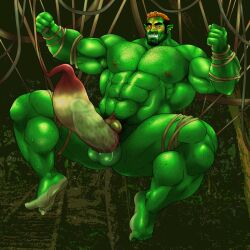 balls bara beard big_penis body_hair boner dicksucking_creature erection facial_hair green_body green_skin hitenmaru male male_only muscles muscular nude orc penis plant_tentacle solo solo_male spread_legs sweat sweating vines