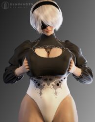 1boy 1girls 3d between_breasts big_breasts blindfold bradengts breasts clothing female female_focus giantess grabbing_own_breast grey_background hairband huge_breasts light-skinned_female light-skinned_male light_skin looking_down macro male micro nier nier:_automata short_hair size_difference squeezing_breast trapped_in_breasts white_hair yorha_2b