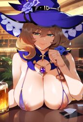 1girls ai_generated breasts brown_hair female genshin_impact green_eyes hat hi_res huge_breasts large_breasts large_hat light-skinned_female light_skin lisa_(genshin_impact) long_hair naughty_face necklace nipples side_ponytail stable_diffusion thiccwithaq_(ai_style) witch_hat