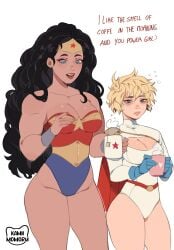 2girls artist_name bedhead black_hair blonde_hair blue_eyes boob_window bracelet cleavage coffee dc_comics diana_prince english_text kamii_momoru karen_starr light-skinned_female light_skin muscular muscular_arms muscular_female power_girl superheroine thighs tiara waking_up wonder_woman