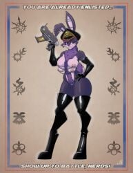 astra_militarum breasts commissar digital_drawing_(artwork) digital_media_(artwork) english_text fur genitals gun hi_res imperial_guard imperium_of_man lagomorph leporid mammal multi_breast nipples nude_female pattern_background poster purple_body purple_fur pussy rabbit ranged_weapon simple_background stogiegoatarts text warhammer_(franchise) warhammer_40k weapon