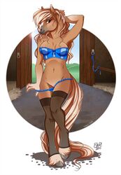 anthro bra breasts clothed clothing equine etuix female flashing fur furry horse legwear looking_at_viewer mammal midriff navel nipples panties panty_pull pussy skimpy solo standing stockings underwear