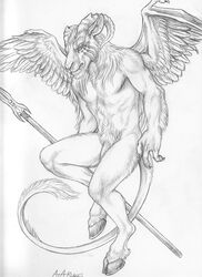 1boy 2015 anthro claws feathers gargoyle hooves horn looking_at_viewer male male_only markings nude polearm rukis sketch solo spear weapon wings