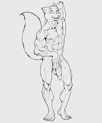 1boy 2015 abs anthro arm_behind_head balls biceps canine claws erection fangs fur hindpaw holding_penis humanoid_penis leaking looking_at_viewer male male_only mammal muscles nipples nude paws pecs penis pose precum ripped sketch smile solo standing teeth tithinian toe_claws toned vein