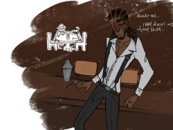 ballzz bartender blush braids brown_skin bulge_through_clothing dark-skinned_male i_was_lazy_with_the_background_lolzers leaning_on_table male_focus oc original_character precum_through_clothing sitting_on_table skinny solo_male suspenders that's_not_my_neighbor thick_eyebrows toony very_dark_skin