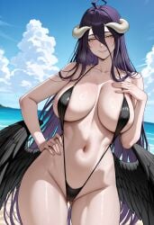 ahoge ai_generated albedo_(overlord) beach big_breasts black_swimsuit black_wings hires horns navel overlord_(maruyama) purple_hair shiny_skin slingshot_swimsuit stomach swimsuit wide_hips wings yellow_eyes