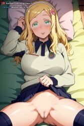 ai_generated blonde_hair bottomless carol_olston chivas club_deportivo_guadalajara green_eyes long_hair looking_at_viewer nekom14 no_panties pussy reebok skirt_lift soccer_jersey sweater thighhighs tomo-chan_wa_onna_no_ko uncensored