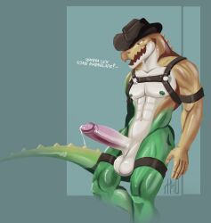 abs absurd_res alligator alligatorid anthro athletic athletic_anthro athletic_male balls bodily_fluids clothing comic cowboy_hat crocodile crocodilian crocodylid dominant dripping genital_fluids genitals glitch_productions gummigoo_(the_amazing_digital_circus) harness harness_only hat headgear headwear hi_res humanoid_genitalia leaking_precum male male_focus male_only manly mihael69 muscular muscular_male nipple_piercing nipples pecs penis penis_tip piercing precum precum_drip precum_string reptile saggy_balls scalie smile smiling_at_viewer smirk smirking_at_viewer solo standing the_amazing_digital_circus