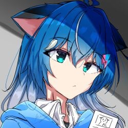 animal_ears artist_name black_cat blue_hair blue_hoodie cat_ears earrings feline female highres holding holding_paper hood hoodie jewelry light_blue_hair light_blue_jacket looking_at_viewer middle_finger non-web_source original paper