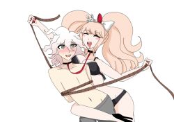 1boy 1girls blonde_hair bondage bound bra closed_eyes collar connected_collars couple danganronpa danganronpa:_trigger_happy_havoc danganronpa_2:_goodbye_despair drool drooling female hair_ornament half_naked heels high_heels junko_enoshima male nagito_komaeda panties restrained restraints rope rope_bondage straight tied tied_up underwear white_background white_hair