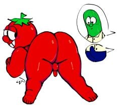 2boys all_fours animate_inanimate ass balls big_ass bob_the_tomato boner chubby cucumber cursed fruit gay humanoid joke_art kappi0 larry_the_cucumber loaltoff male male/male male_only naked nude penis red_body self_upload thick_thighs tomato vegetable veggietales watermark white_background yaoi