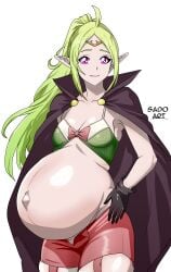 1girls ahoge bare_thighs blonde_hair breasts cape cleavage female female_only fire_emblem fire_emblem_awakening garter_straps gloves gradient_hair green_hair grin long_hair looking_at_viewer multicolored_hair nintendo nowi_(fire_emblem) pink_eyes pointy_ears ponytail pregnant sado_art shorts skindentation small_breasts smile solo thick_thighs thighs very_long_hair white_background yellow_hair