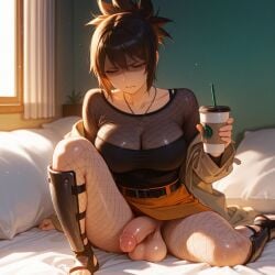 ai_generated backlighting bed belt belt_buckle black_belt black_hair black_shirt breasts brown_eyes brown_hair cleavage clenched_teeth closed_mouth cup curtains disposable_cup drinking_straw erection fishnet_pantyhose fishnet_top fishnets flaccid futanari hair_between_eyes holding holding_cup indoors jacket jewelry knee_up large_breasts large_testicles long_sleeves mitarashi_anko naruto naruto_(series) naruto_shippuden necklace off_shoulder on_bed orange_skirt pantyhose penis pillow shirt sitting skirt solo testicles toeless_footwear twoderrick uncensored window