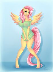 anthro anthrofied blush breasts clothing cutie_mark embarrassed equine feathers female fluttershy_(mlp) friendship_is_magic fur hair hi_res hooves large_breasts long_hair looking_at_viewer mammal my_little_pony nipples pegasus pink_hair pussy roum see-through solo standing straight_hair teal_eyes wings yellow_fur