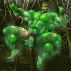 balls bara beard big_penis body_hair boner cum dicksucking_creature erection facial_hair green_body green_skin hitenmaru male male_only muscles muscular musk nude orc penis plant_tentacle solo solo_male spread_legs sweat sweating vines