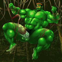 balls bara beard big_penis body_hair boner cum dicksucking_creature erection facial_hair green_body green_skin hitenmaru male male_only muscles muscular nude orc penis plant_tentacle solo solo_male spread_legs sweat sweating vines