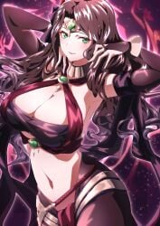 1girls absurdres alternate_costume armpits bracelet breasts brown_hair choker cleavage closed_mouth dancer dorothea_arnault dorothea_arnault_(plegian) female female female_only fire_emblem fire_emblem:_three_houses fire_emblem_heroes green_eyes hands_up hat highres jewelry large_breasts long_hair looking_at_viewer navel nintendo official_alternate_costume plegian revealing_clothes smile solo stomach to_(tototo_tk) two-tone_background