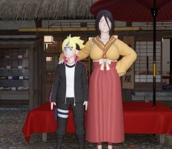 1boy 1girls 3d aunt_and_nephew big_breasts blonde_hair boruto:_naruto_next_generations brown_hair female hand_on_another's_shoulder hand_on_hip hyuuga_hanabi mature_female naruto naruto_(series) tagme traditional_clothes uzumaki_boruto