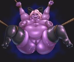 anthro big_breasts bondage bound bow breasts female goo hair huge_breasts iko legwear mcnasty_oc muk nintendo obese overweight pink_hair pokemon purple_skin pussy rope slime solo spreading stomach tanya_(mcnasty) video_games