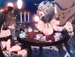 1boy 2girls ahe_gao animal_ears arm_wrap back bent_over black_dress black_flower black_rose black_thighhighs blue_bow blush bow breasts brown_hair candelabra candle candlestand commentary_request commission cum cum_on_ass cum_on_legs cup dark-skinned_male dark_skin doll dress ejaculation feet_out_of_frame female_orgasm flower grabbing grabbing_another's_breast grabbing_from_behind grey_hair hair_between_eyes hair_flower hair_ornament hair_over_one_eye hairbow hat implied_masturbation jewelry kaavi large_breasts long_bangs long_hair looking_at_another mahjong_soul medium_bangs minikama morikawa_ayako multiple_girls nipples open_mouth orgasm petals pink_eyes pom_pom_(clothes) pom_pom_hair_ornament rabbit_ears red_flower red_hat red_rose ring rose rose_petals saucer sex sex_from_behind sitting skeb_commission sleeveless sleeveless_dress smile straight table tea teacup thighhighs top_hat twintails very_long_hair