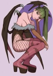 1girls bat_wings darkstalkers female fishnets fur_trim green_hair head_wings heels high_heel_boots light-skinned_female light_skin morrigan_aensland nymse solo solo_female squatting succubus vampire_savior