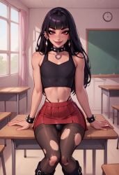 ai_generated black_hair black_topwear bulge_through_clothing earrings femboy goth looking_at_viewer male male_only noredeemingvalue pierced_navel red_skirt smug solo_male spiked_collar straight_bangs thong_straps torn_pantyhose