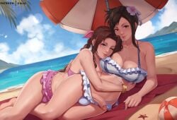 1futa 1girls aerith_gainsborough aerith_gainsborough_(pink_mermaid) beach beach_umbrella big_breasts bikini bikini_skirt black_hair breasts brown_hair bulge cleavage clothed clothing duo exlic female final_fantasy final_fantasy_vii final_fantasy_vii_rebirth final_fantasy_vii_remake flower frilled_bikini frilled_bikini_top frills futa_with_futa futanari hair_flower hair_ornament hug huge_breasts human light-skinned_female light-skinned_futanari light_skin long_hair lying microskirt mostly_nude multiple_girls ocean official_alternate_costume official_alternate_hairstyle on_side penis pink_bikini skirt smile swimsuit thong_bikini tifa_lockhart tifa_lockhart_(shining_spirit) umbrella white_bikini