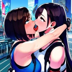 ai_generated drooling final_fantasy final_fantasy_vii french_kissing jill_valentine kissing powerhouserift resident_evil sloppy_kiss tifa_lockhart tongue_kiss tongue_touching_another's_tongue tongues_touching yuri