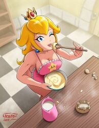 1girls apron apron_only background blonde_hair blue_eyes boobs breasts cooking crown earrings eyelashes female feuerz kitchen kitchen_utensils light-skinned_female light_skin looking_at_viewer makeup mario_(series) naked_apron nintendo pink_apron princess_peach self_upload spoon sticking_out_tongue tongue_out wink